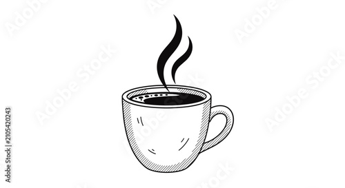 Hand-drawn sketch of a cup of hot black coffee with steam swirling above it in a minimalist black and white style.