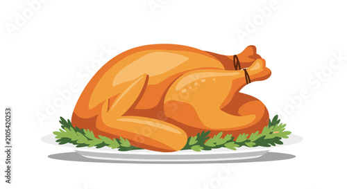 Delicious golden brown roast turkey served on a white platter with a garnish of fresh green parsley for Thanksgiving.