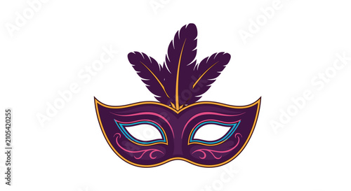 Ornate purple carnival mask decorated with golden trims and three large feathers for masquerade balls and celebrations.