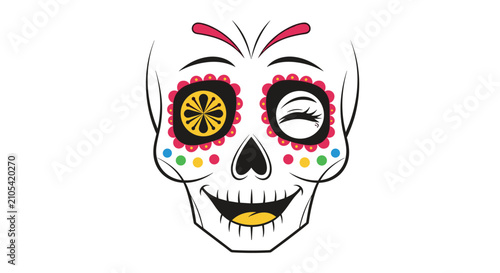 Fun and friendly sugar skull illustration with a winking eye, wide smile, and colorful floral decorations on white.
