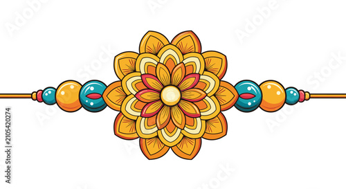 Ornamental rakhi with a large yellow and orange central flower design and colorful blue and gold beads on a string.