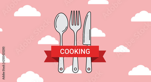 Cooking themed logo with a spoon, fork, and knife over a red banner set against a pink sky background with white clouds.
