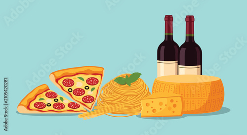 Italian cuisine illustration with slices of pepperoni pizza, a bowl of spaghetti, wedges of cheese, and red wine bottles.