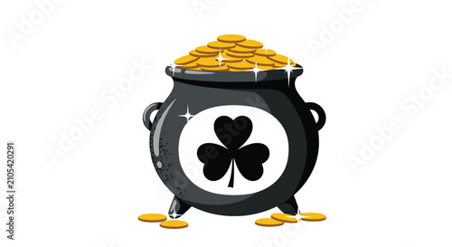 Black pot of gold coins featuring a green shamrock symbol on the side to celebrate Saint Patrick's Day festivities.