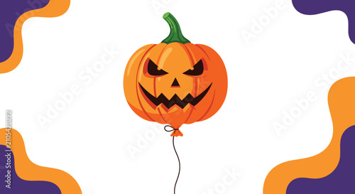Scary orange pumpkin balloon with an evil face and black string floating over a background of purple and orange waves.