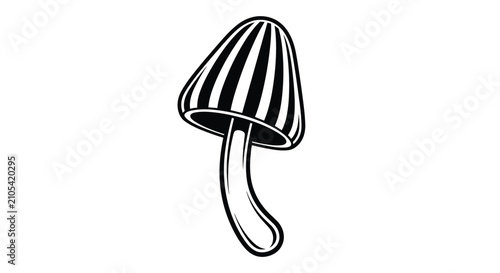 Black and white illustration of a tall mushroom with a striped cap and curved stem in a minimalist graphic style.