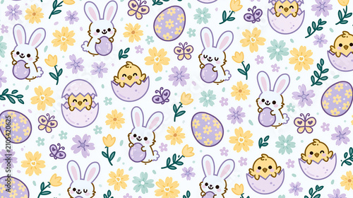 Seamless tileable pattern of ultra-cute tiny bunnies holding Easter eggs, smiling chicks hatching from pastel shells, little spring flowers in soft tones and tiny butterflies with