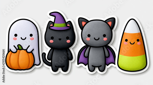 A die-cut sticker sheet of cute Halloween characters, kawaii chibi style. Including a smiling little ghost holding a pumpkin, a cute black cat wearing a witch hat, a cheerful vampi