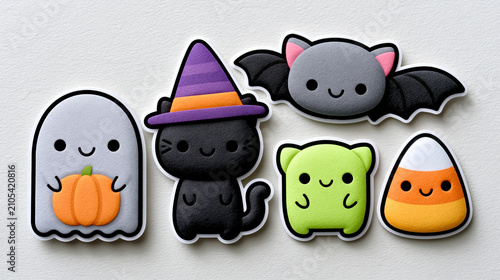 A die-cut sticker sheet of cute Halloween characters, kawaii chibi style. Including a smiling little ghost holding a pumpkin, a cute black cat wearing a witch hat, a cheerful vampi