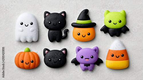 A die-cut sticker sheet of cute Halloween characters, kawaii chibi style. Including a smiling little ghost holding a pumpkin, a cute black cat wearing a witch hat, a cheerful vampi