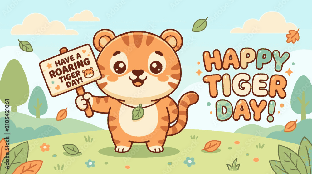 Fototapeta premium Cute chibi tiger holding sign celebrating international tiger day in soft pastel landscape illustration with tiger character standing
