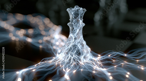 A glowing transparent frosted material chess piece emits countless glowing lines underneath，aerial view, long distance,bright environment,in a minimalist style, real color photos