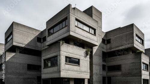 Modern brutalist concrete building with geometric architectural lines.
