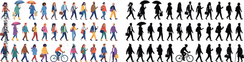 Fotografie Flat architectural scale people vector set featuring diverse pedestrians walking