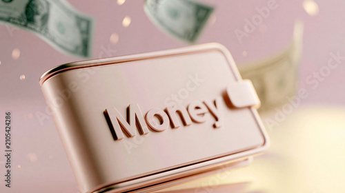 A minimal and elegant 2D digital illustration of a sleek, modern wallet icon in close-up view, filling most of the frame. The wallet features the bold, clean text 