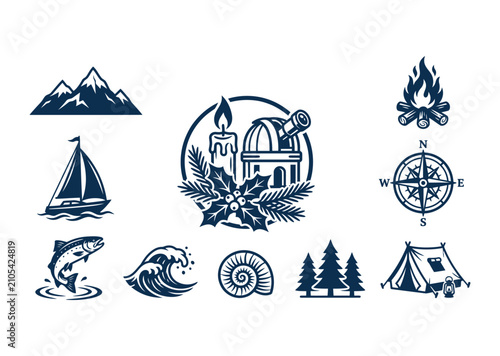 Vintage outdoor adventure icons set, dark blue nautical and camping vector elements, rustic nature and travel symbols for logo design