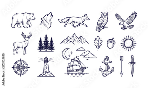 Vintage wilderness line art icons, rustic outdoor adventure vector set, hand drawn forest animals and nautical symbols for camping branding