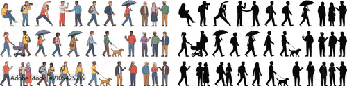 Tableau sur toile Flat architectural scale people vector set with pedestrians walking dogs talking