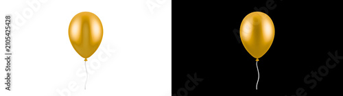 Gold balloon with a metallic finish and a curly string floating alone for celebration in PNG, Transparent and Black Background Versions