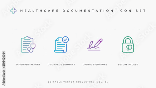 Diagnosis report and secure medical access gradient icons - Great for patient data protection guides, medical records apps, or clinic sites.