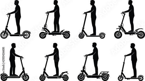 Foto Electric scooter rider silhouette set featuring men riding various e-scooters for urban commuting, eco-friendly transport, and micro-mobility