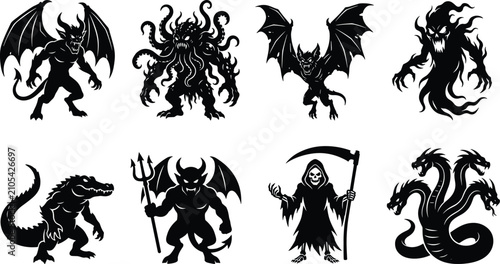 Foto Fantasy monster and mythical creature silhouette set featuring winged demon, Cthulhu beast, gargoyle bat, spooky ghost, crocodile monster, devil with pitchfork, grim reaper, and hydra dragon