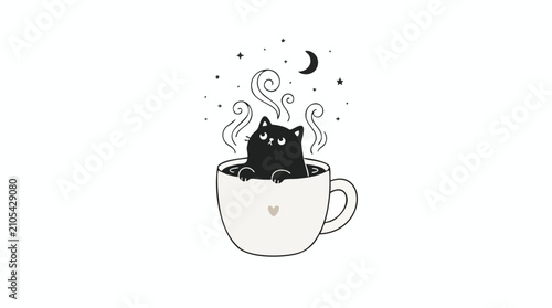 Cute Black Cat Sitting Inside a Steaming Coffee Mug Illustration at Night