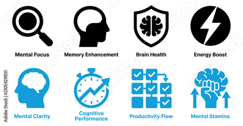 Set of human brain and mental health icons representing focus memory energy productivity and performance Minimal solid fill icon set bundle collection. Editable Vector Illustration Mega pack