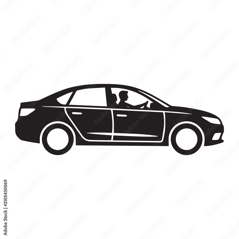 Fototapeta premium Man Driving Sedan Car Side View Vector Black Silhouette Icon Design Illustration. 