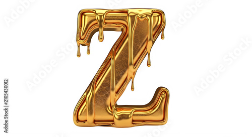 Golden letter Z with melted wax drips on shiny surface transparent background