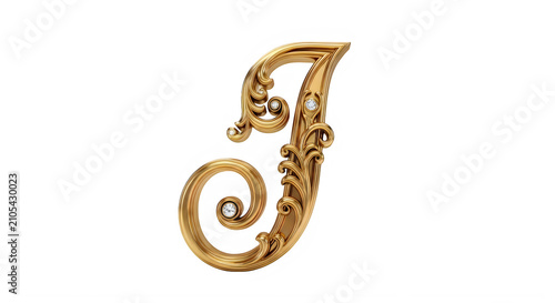 Golden ornate letter J with swirls and diamonds  decorative alphabet transparent background