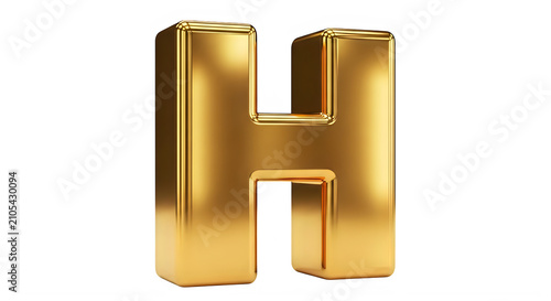 Golden shiny uppercase letter H made of metal isolated on white background transparent background