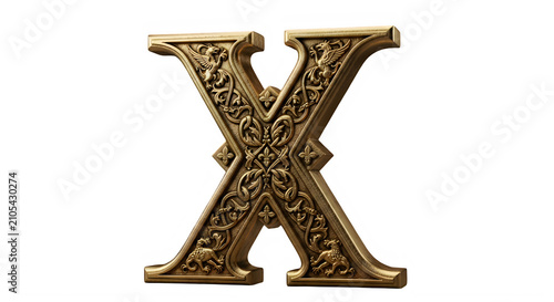 Ornate gold letter X with floral patterns isolated on transparent background transparent background