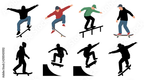 Foto Professional vector collection featuring different skateboarder action poses, pe