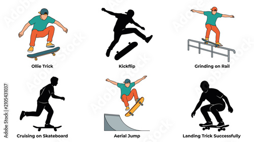 Fotografie Professional vector collection featuring different skateboarder action poses, pe