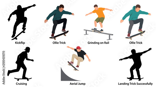 Bilde på lerret Set of vector collection featuring different skateboarder action poses, performi
