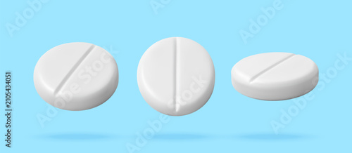 White medical pills isolated on blue background. 3d vector illustration of pharmaceutical tablets. Health care and medication concept for drugstore, hospital and pharmacy marketing.