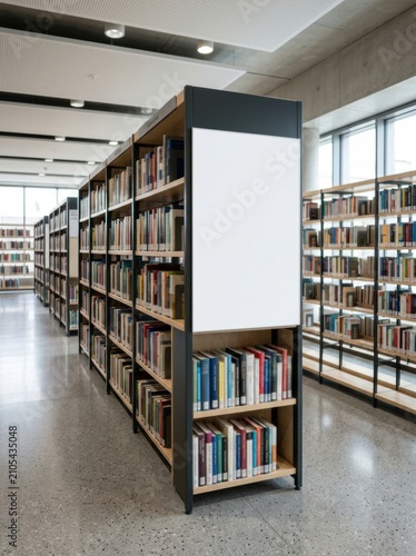 Modern Library Interior with Blank White Mockup Display Panel on Bookshelf for Information or Advertisement
