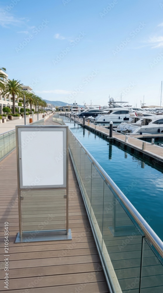 Fototapeta premium Blank Information Board Mockup on Luxury Marina Walkway with Yachts and Waterfront Promenade