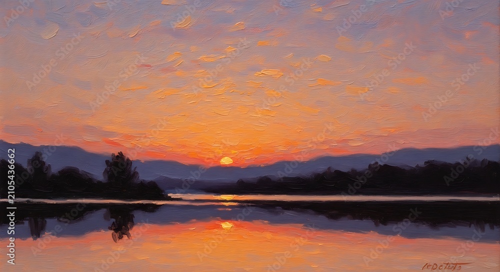 Fototapeta premium Vibrant Sunset Over Calm Lake with Silhouetted Trees