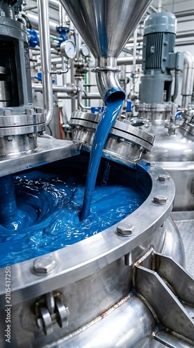 Blue liquid pouring into industrial stainless steel vessel