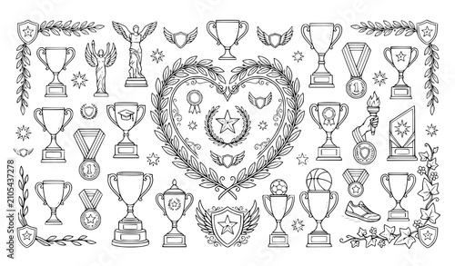 Fotografi Hand drawn trophies awards and success doodle icons arranged around a central he