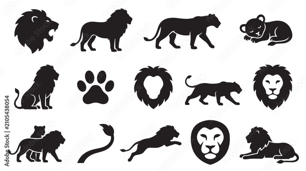 Naklejka premium Minimalist lion silhouette collection, 14 black wild cat icons, predatory animal vector set for logo design and branding