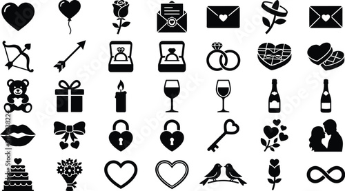 A collection of romantic icons and symbols for Valentine's Day