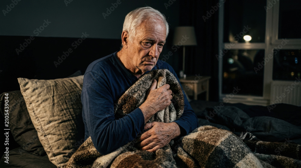 Obraz premium Senior Man Feeling Cold And Uneasy In Bed At Night