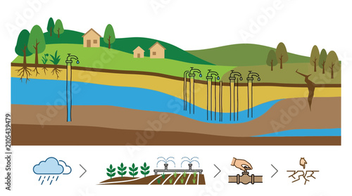 Canvas Print Groundwater resources, agriculture irrigation, and drought illustration