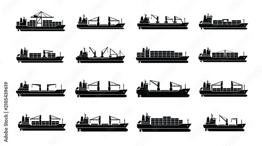 Fototapeta premium Cargo Ship Silhouette Icon Set. Container Ship, Freight Vessel, Cargo Transport and Maritime Shipping Vector Collection