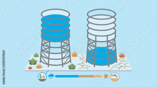 Fotografi Water Scarcity and Drought Concept Illustration with Water Towers