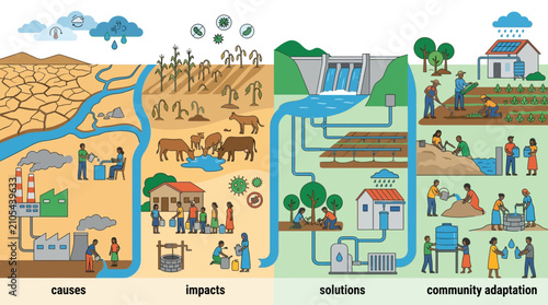 Quadro su tela Water scarcity: causes, impacts, solutions, and community adaptation illustratio