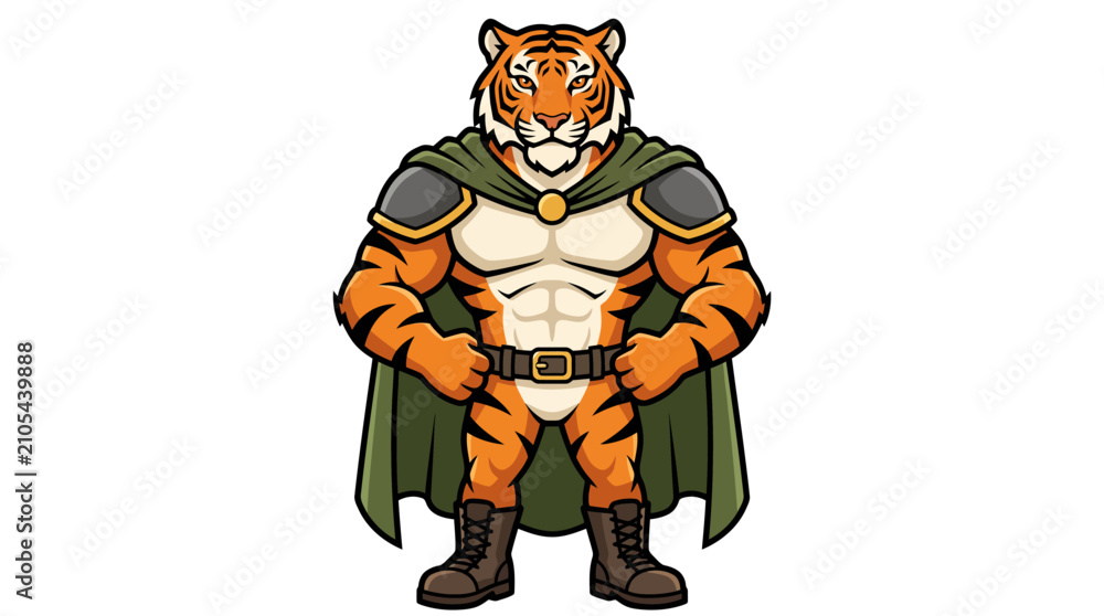 Obraz premium Powerful tiger hero mascot wearing a green cape and shoulder armor